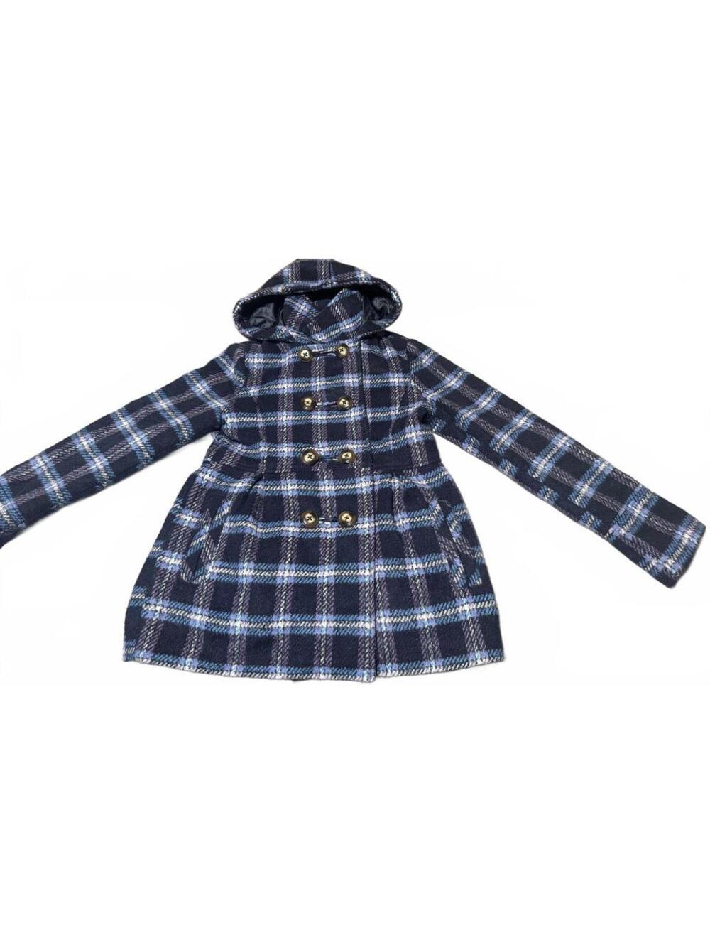 London Fog Girls Coat Size 14-16 Navy Blue Purple Plaid Hooded Peacoat
